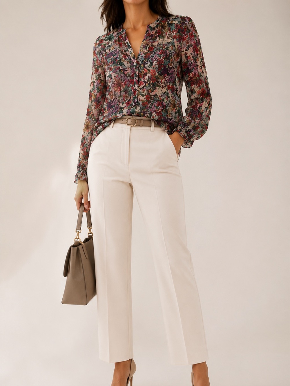 Ecru Floral Sheer Blouse Top Size Medium | Multicolor Botanical Print